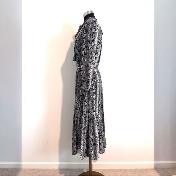 NWT Michael Kors XS Snakeskin Print Midi Dress Tie Neck Belted Ruffle Hem - Picture 5 of 8